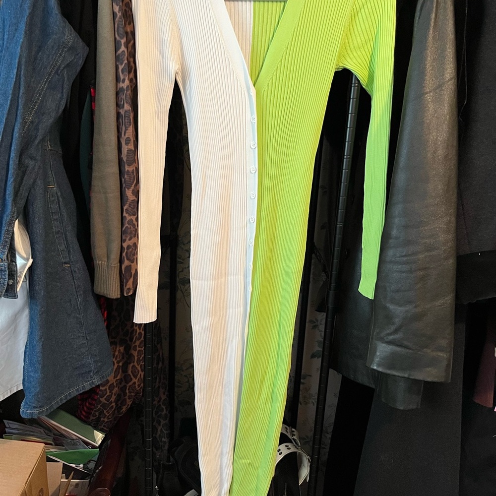 STAUD Lime and White Ribbed Cardigan
